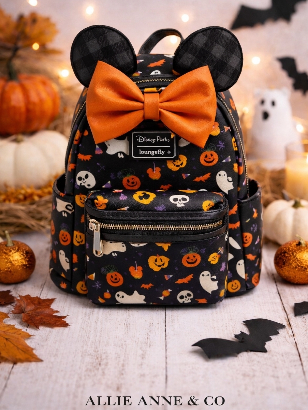 Loungefly Disney Parks Halloween Mini Backpack Black Orange Mickey Ears Pumpkin